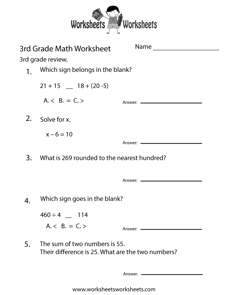 Free Printable 3rd Grade Math Review Worksheet