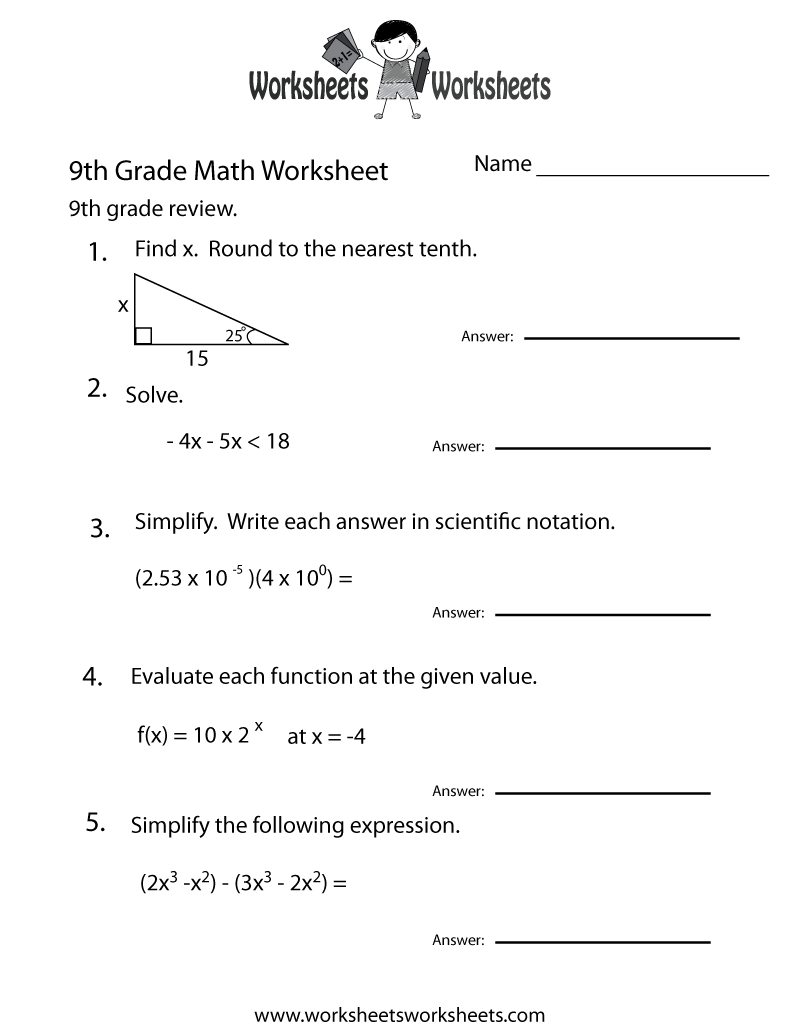 Free Math Worksheets Printable 9th Grade