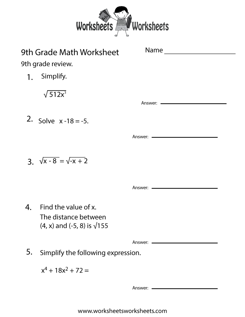 Free Printable Ninth Grade Math Practice Worksheet