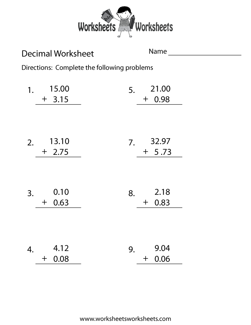 Free Printable Decimal Addition Worksheet