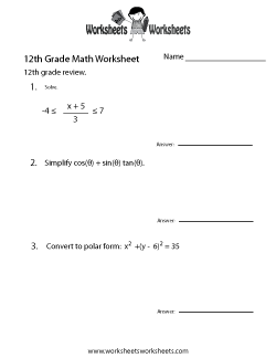 12th Grade Math Review Worksheet