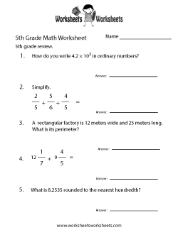 5th Grade Math Review Worksheet