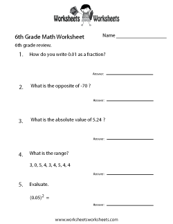 6th Grade Math Review Worksheet