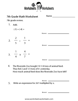 Seventh Grade Math Practice Worksheet