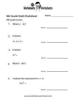 8th Grade Math Review Worksheet