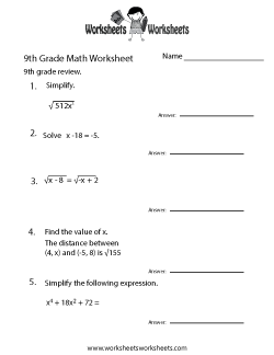 9th Grade Math Worksheets