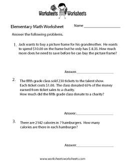 Elementary Math Word Problems Worksheet