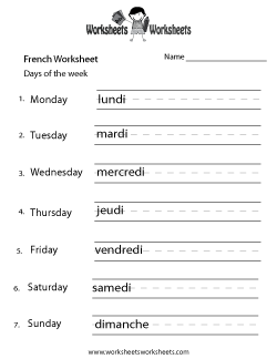 French Days of the Week Worksheet