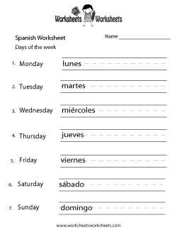 Spanish Days of the Week Worksheet