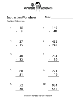 Subtraction Problems Worksheet