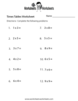 Times Tables Test Worksheet