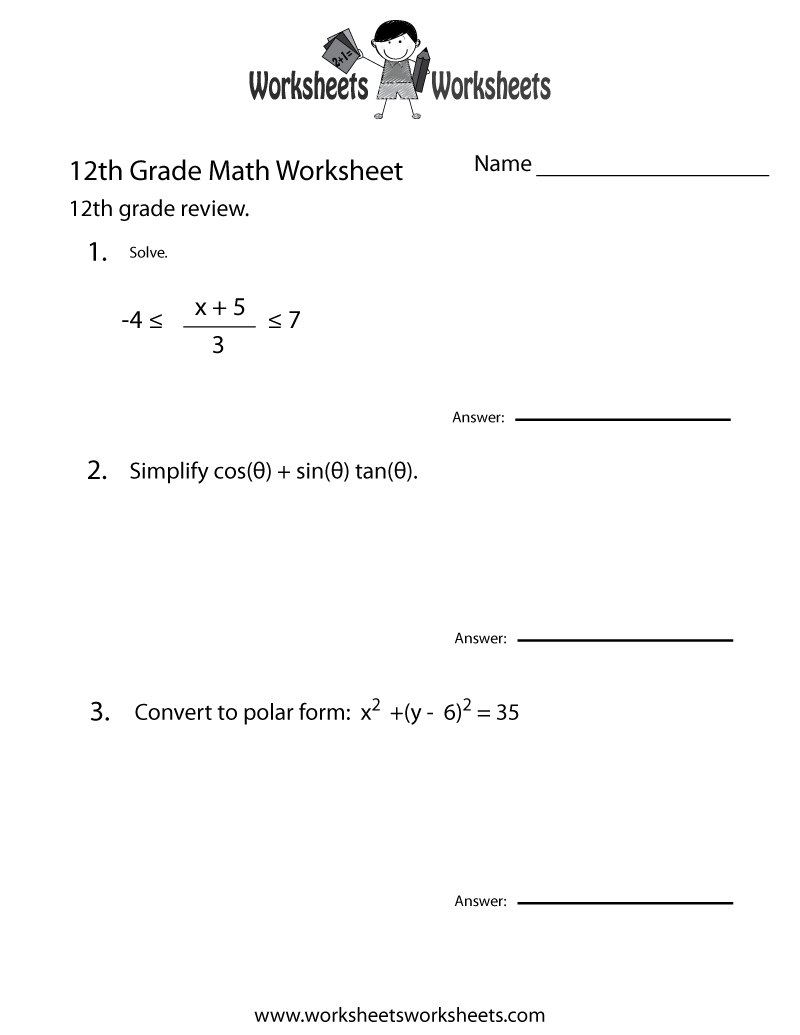 12th Grade Math Review Worksheet Printable