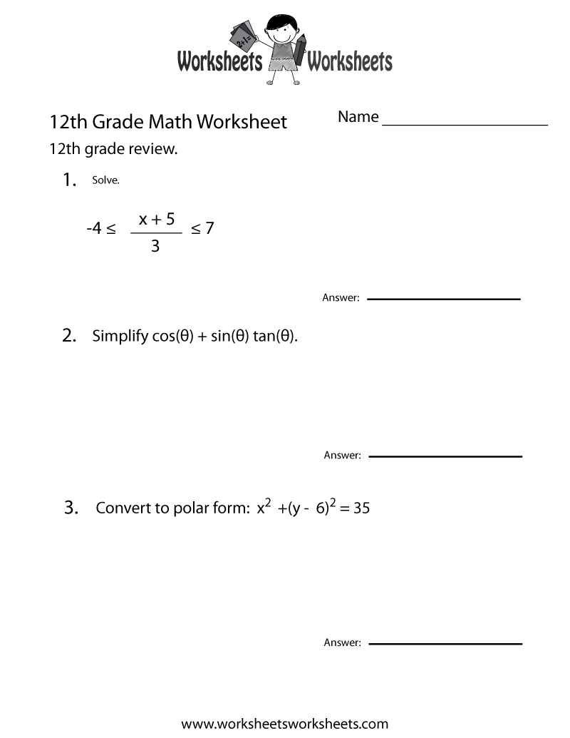 Free Printable 12th Grade Math Review Worksheet