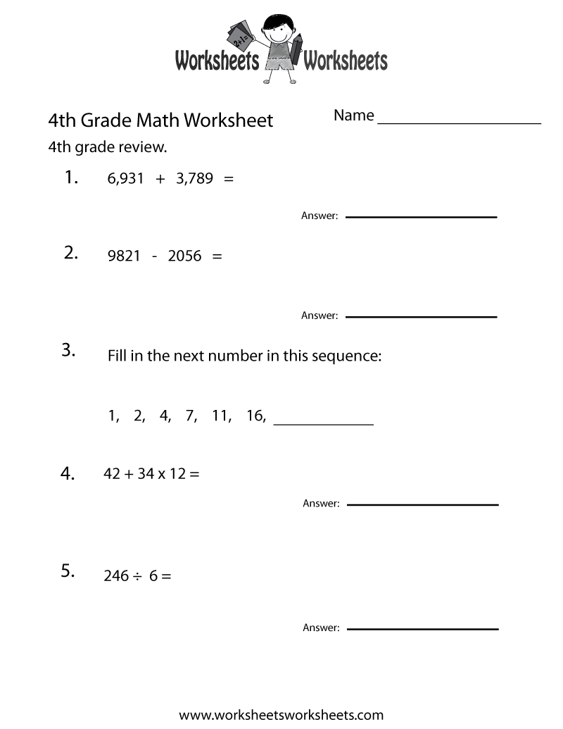 Free Printable 4th Grade Math Review Worksheet