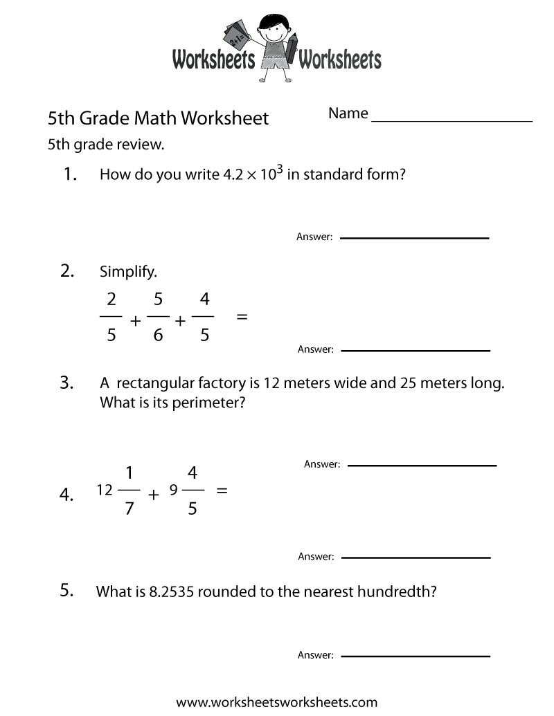 5th Grade Math Review Worksheet Printable