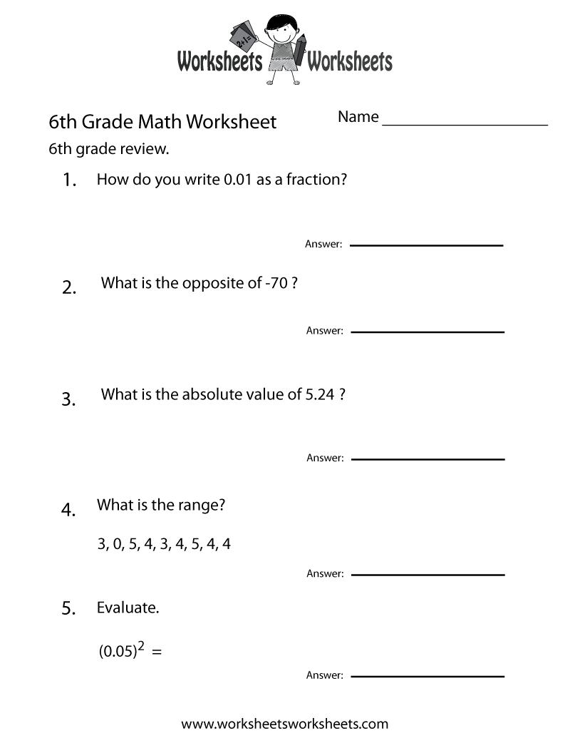 6th Grade Math Review Worksheet Printable