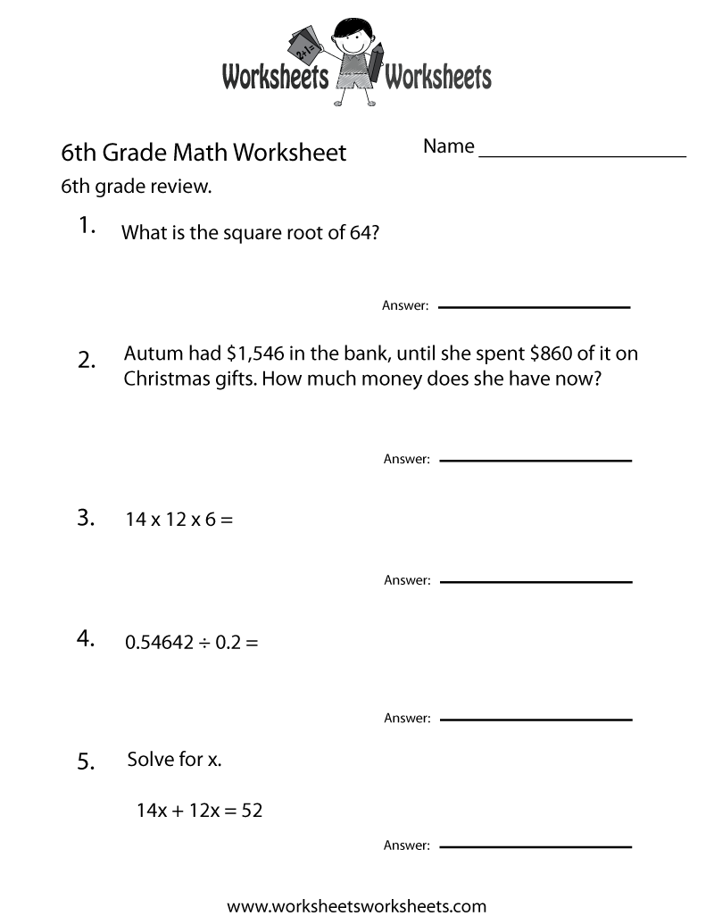 Sixth Grade Math Practice Worksheet Printable