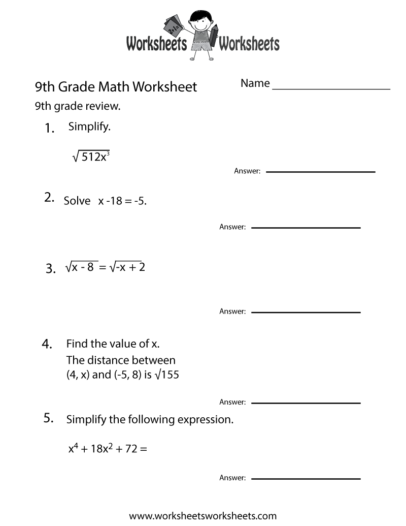 Ninth Grade Math Practice Worksheet - Free Printable ...