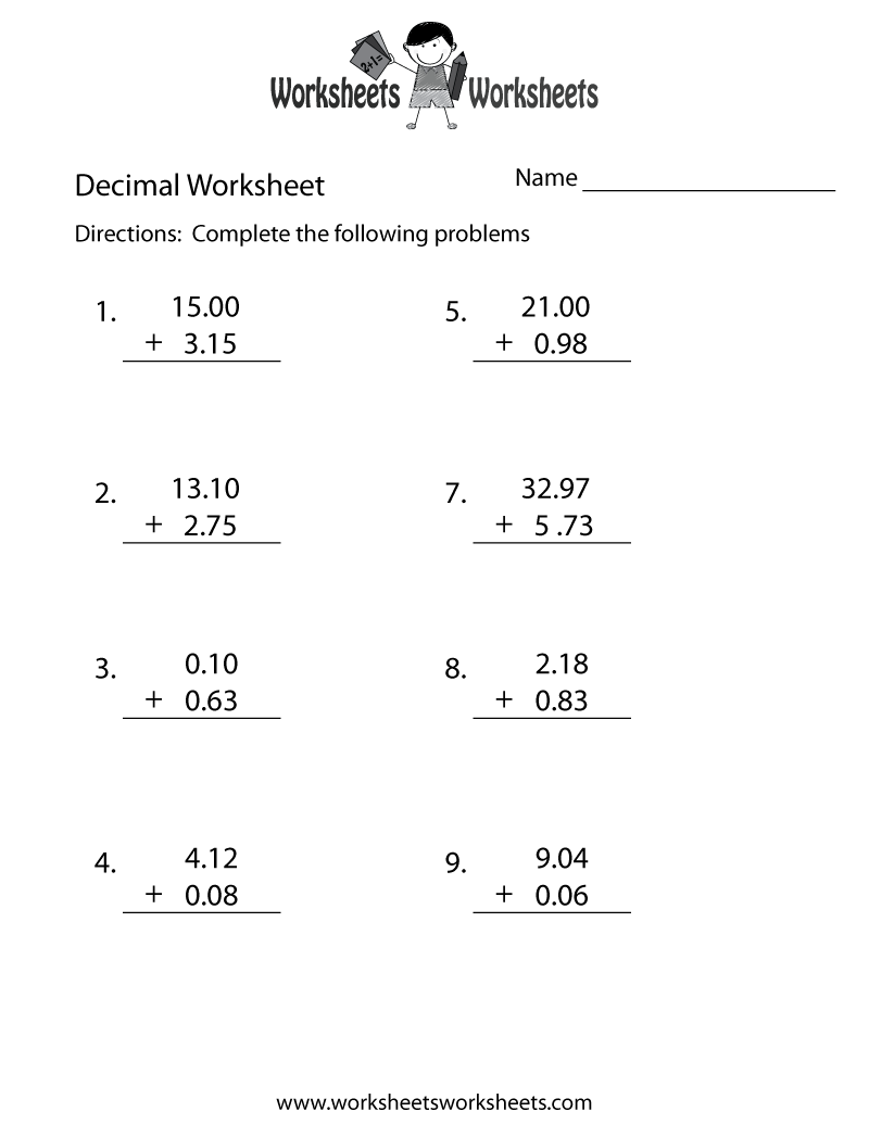 decimal addition worksheet free printable educational