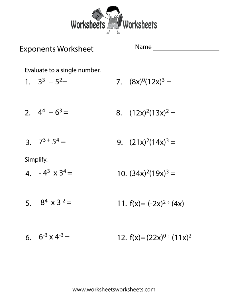 Exponents Review Worksheet Printable