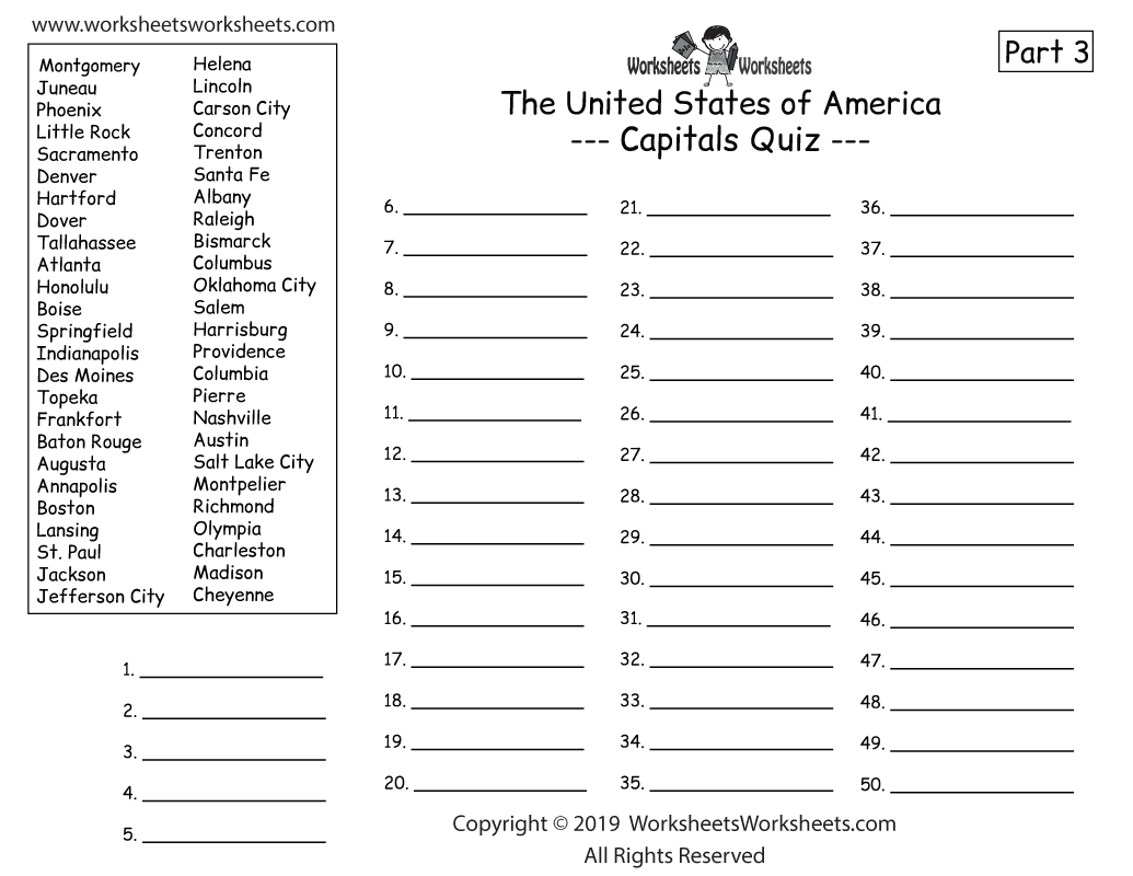 U.S. Geography Quiz Part 3 - Write All 50 State Capitals - Printable Worksheet