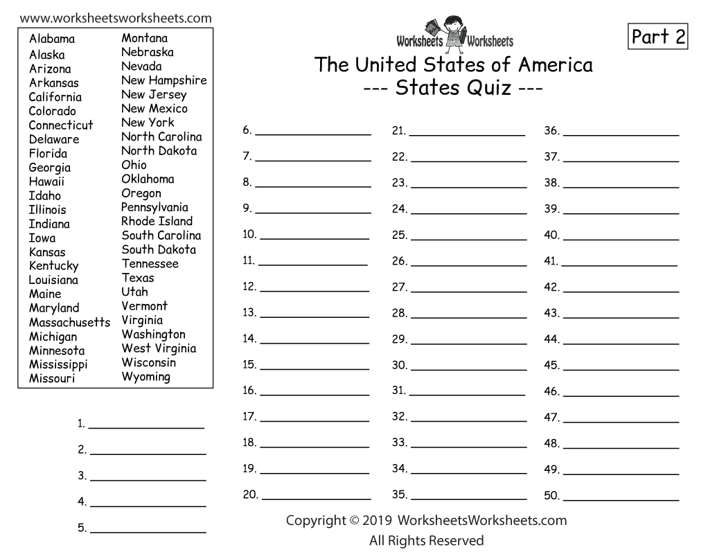 U.S. Geography Quiz Part 2 - Write All 50 States - Printable Worksheet