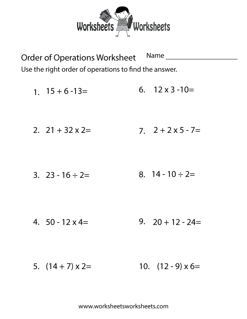 Simple Order of Operations Worksheet Printable